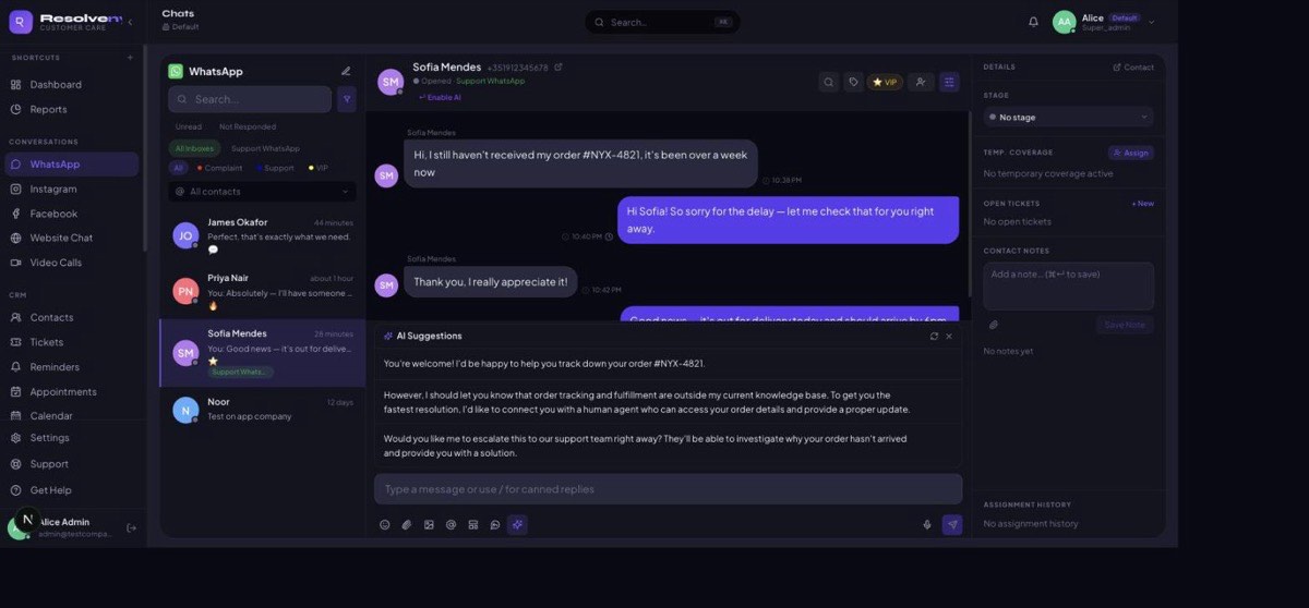 AI Copilot suggested replies generated live in a Resolvenyx conversation, ready for an agent to send or edit