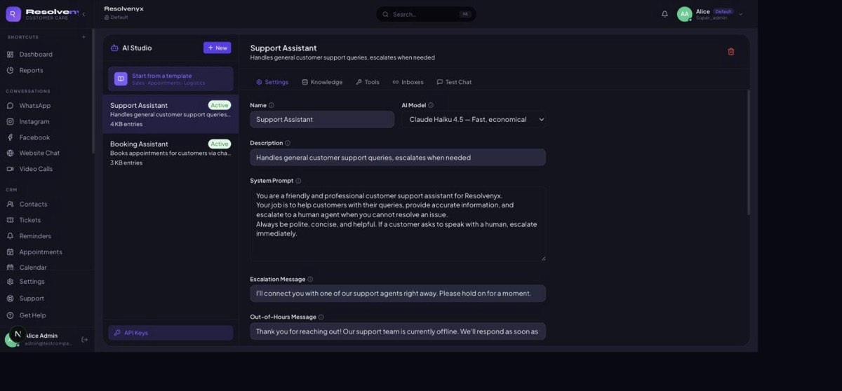 The Resolvenyx AI Studio agent builder, showing a Support Assistant agent with its system prompt, escalation message, and out-of-hours message configured