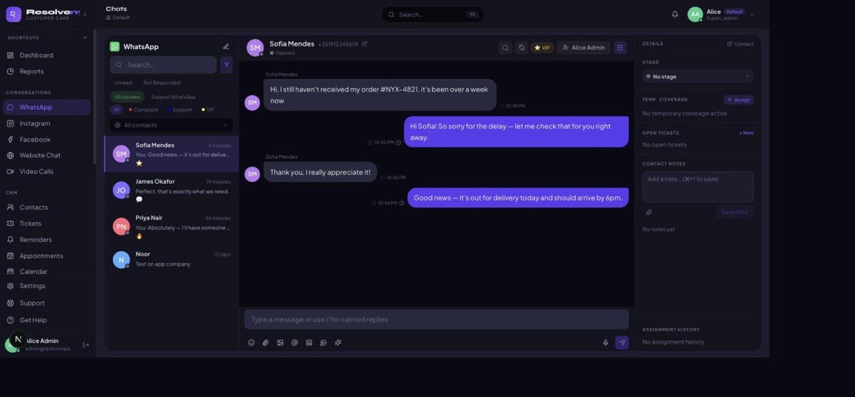 A WhatsApp conversation in the Resolvenyx inbox, showing labels like VIP and filter pills for Complaint, Support, and VIP