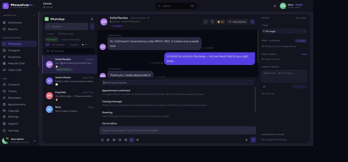 The searchable quick-reply template picker open inside a Resolvenyx conversation
