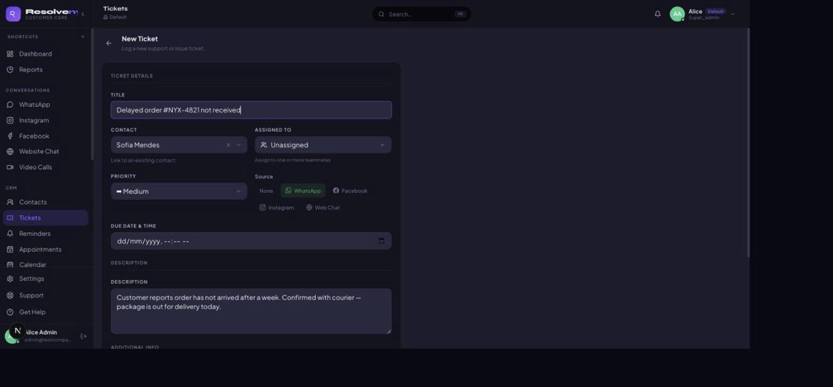 The New Ticket form in Resolvenyx, pre-filled with a contact and WhatsApp source directly from an open conversation