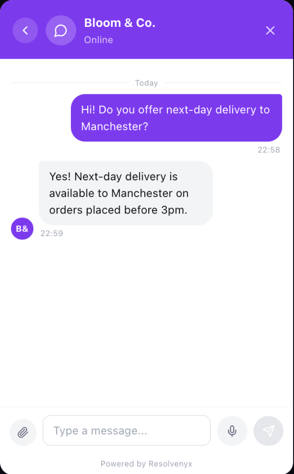 A visitor conversation in the Resolvenyx website chat widget, with a question and an agent reply