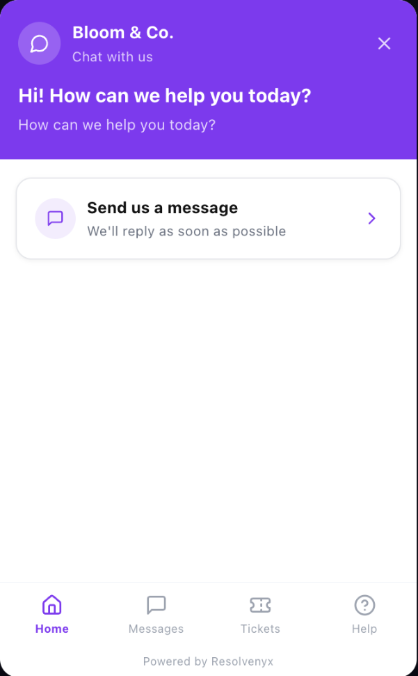 The Resolvenyx website chat widget home screen, with a welcome message and a Send us a message option